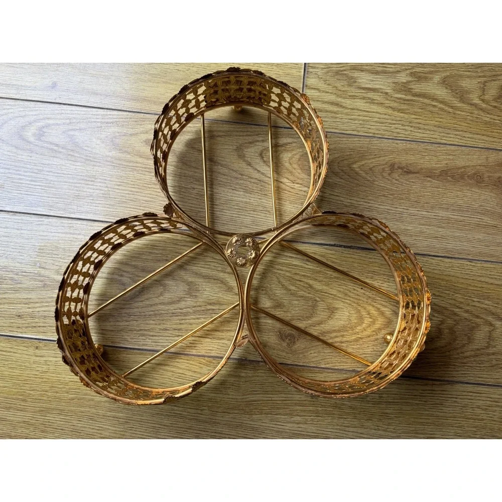 Authentic Vintage 1960s Hollywood Regency Gold Ormolu 3 Ring Caddy Display Stand